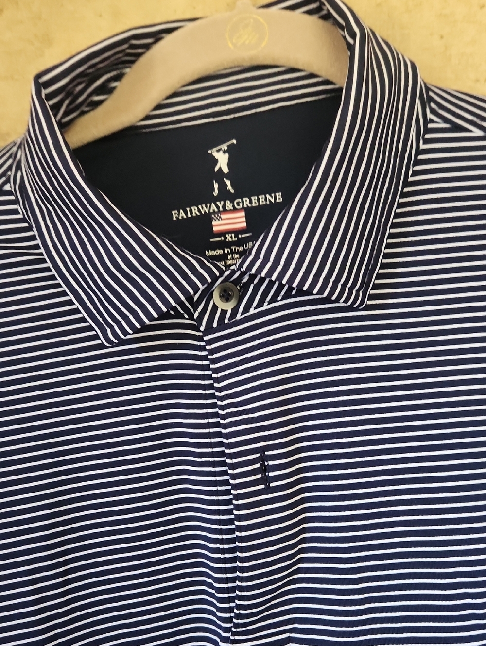 Men's by Fairway & Greene Navy and White Striped Short-Sleeve Polo with LOGO